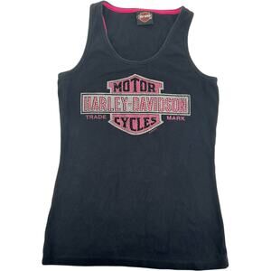 VTG y2k women's black bedazzled Doc's Harley Davidson Motorcycles tank top sz L